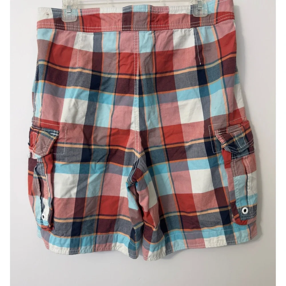 Hollister Board Shorts Mens M‎ Plaid Red Blue Cargo Swim Trunks Surf Skate Y2K
